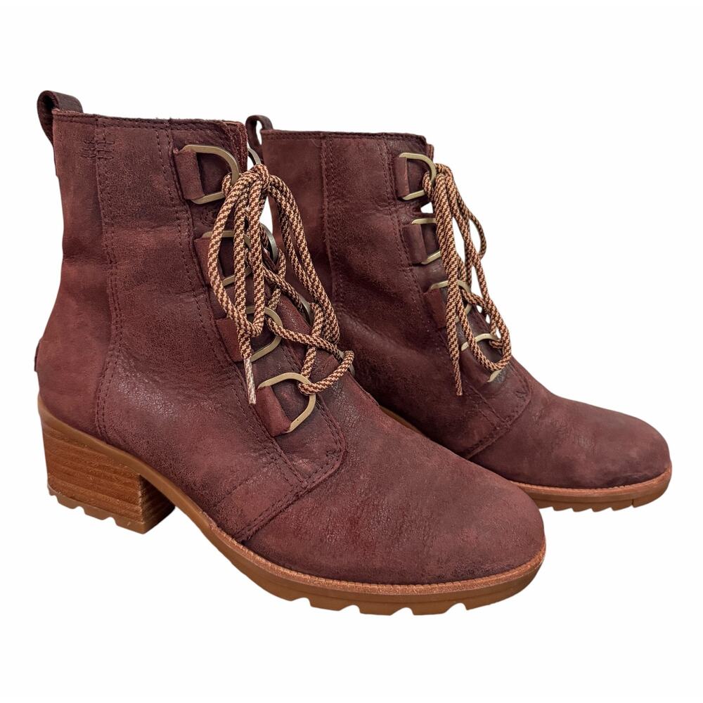 Sorel Cate Lace Up Boots Maroon Women’s 8.5 Moto Boho Rugged Artisan Cottagecore